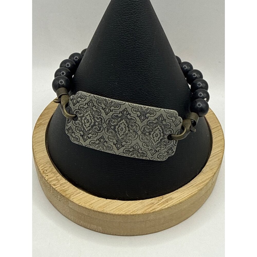 Vintage Etched Silver Tone Black Bead Bracelet Boho Goth Grunge Aesthetic